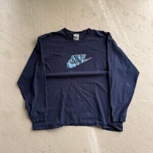 Vintage Nike Navy Men's XL Y2K Logo Swoosh Long Sleeve Tee Sports